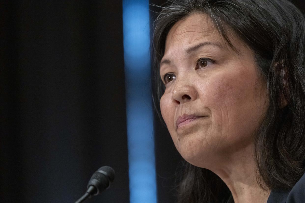 Julie Su speaks during a Senate Health, Education, Labor and Pensions confirmation hearing for her to be the Labor Secretary, on Capitol Hill, Thursday, April 20, 2023, in Washington. (AP Photo/Alex Brandon)