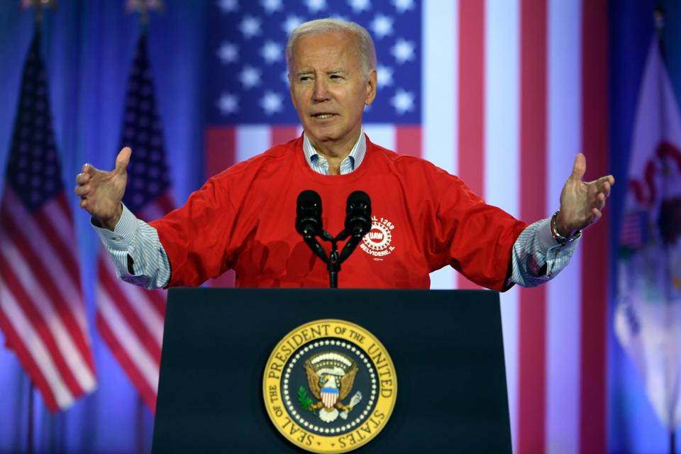 President Joe Biden speaks to United Auto Workers at the Community Building Complex of Boone County on Nov. 9 in Belvidere, Ill.