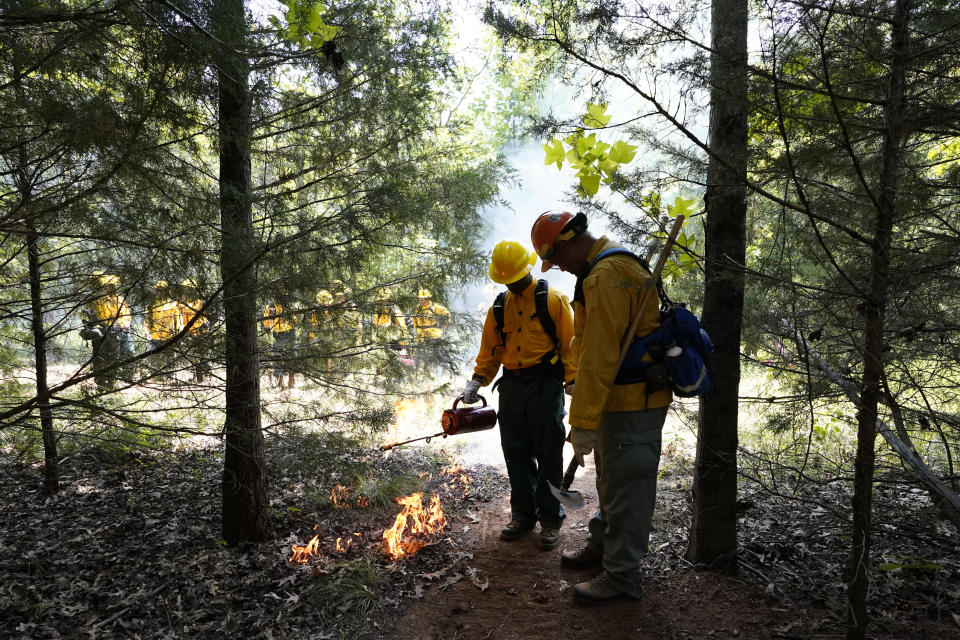 Student Kolin Bilbrew, left, starts a prescribed fire with instructor James Klungness-Mshoi, right, during a wildland firefighter training Friday, June 9, 2023, in Hazel Green, Ala. A partnership between the U.S. Forest Service and four historically Black colleges and universities is opening the eyes of students of color who had never pictured themselves as fighting forest fires. (AP Photo/George Walker IV)