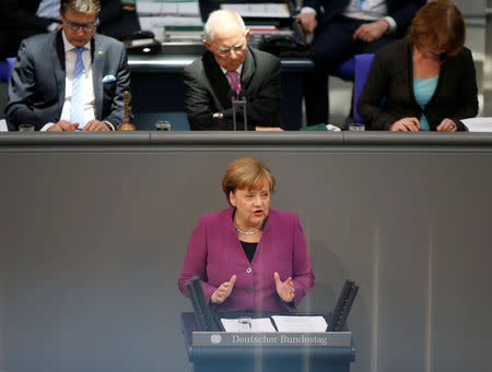 Chancellor Angela Merkel addresses the German lower house of parliament Bundestag in Berlin, Germany, February 22, 2018. REUTERS/Axel Schmidt