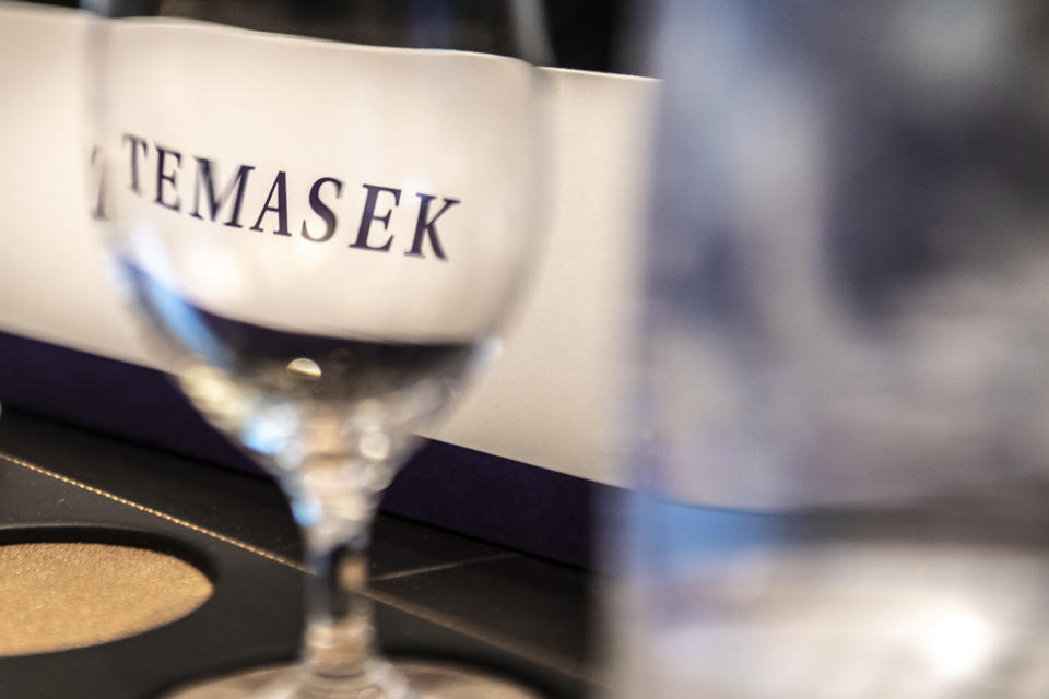 A signage of Temasek Holdings Pte., at the launch of Temasek Review 2022 in Singapore, on Tuesday, July 12, 2022.  Photographer: Edwin Koo/Bloomberg