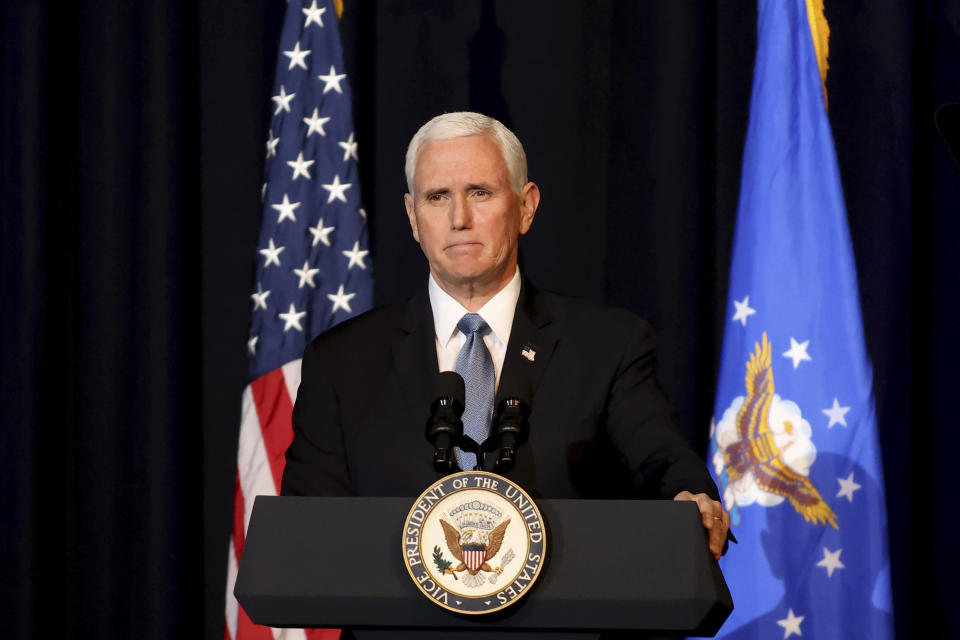 Vice President Mike Pence speaks during a memorial service for the late Air Force Brig. Gen. Chuck Yeager in Charleston, W.Va., on Friday, Jan. 15, 2021. Yeager died last month at age 97. The West Virginia native in 1947 became the first person to fly faster than sound. (AP Photo/Chris Jackson)