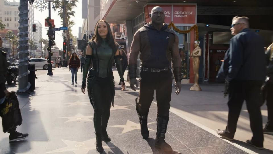 Mantis and Drax walk down Hollywood Blvd in the Guardians of the Galaxy Holiday Special