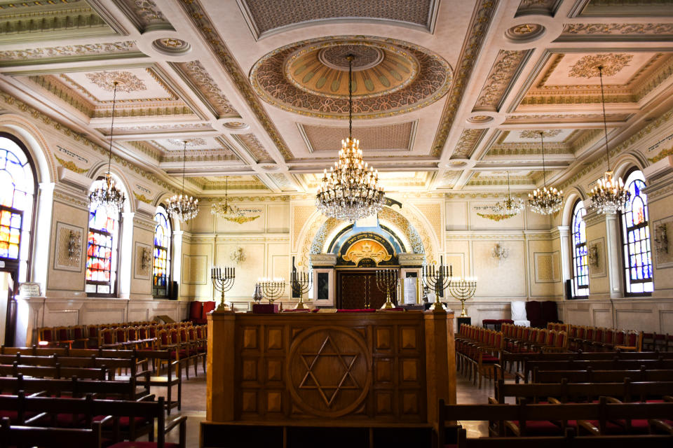 This March 27, 2019 photo shows the sanctuary at Temple Beth-El in Casablanca, Morocco. The Jewish synagogue is often considered a centerpiece of a once vibrant Jewish community in Casablanca. Jewish heritage trips to the North African kingdom are common among Jews of Moroccan descent. (Mishael Sims via AP)