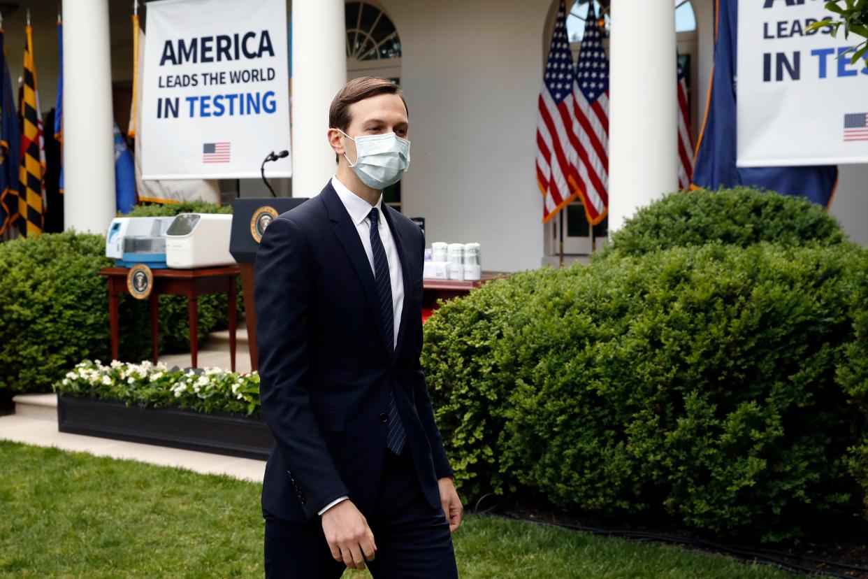 White House advisor Jared Kushner wearing a protective face mask in the White House Rose Garden on May 11, 2020..