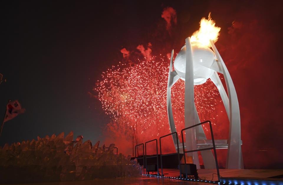 The Olympic torch at the Opening Ceremony in PyeongChang, South Korea.