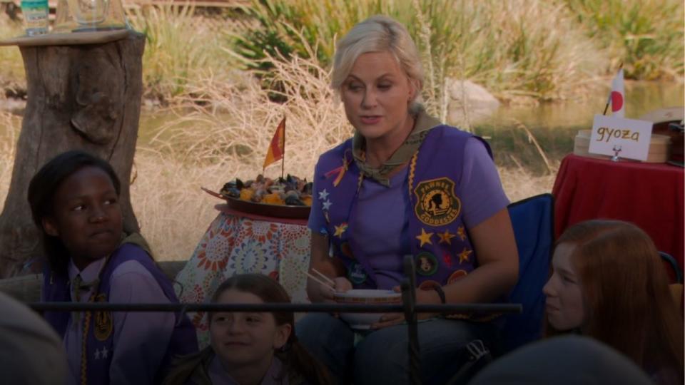 Leslie Knope talking to the Pawnee Goddess