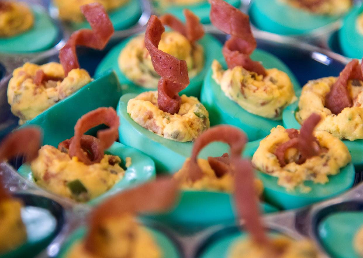 Deviled green eggs and Spam made by Gina Renfroe and Tammy Hulme were entered for judging in the cooking contest at the 21st annual Spam Festival at Peter's Steakhouse in the Delta town of Isleton on Feb 17, 2019.