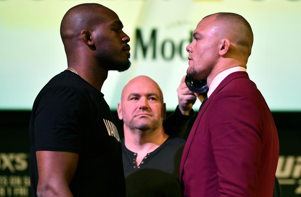 Jon Jones and Anthony Smith face off during the UFC 235 presser inside the David Copperfield Theater at MGM Grand on Jan. 31, 2019 in Las Vegas. (Getty Images)