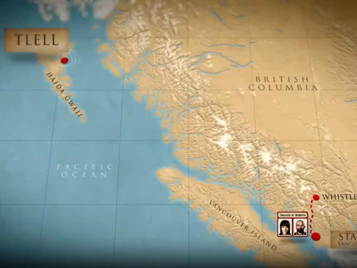 A graphic from the Race Across the World episode set in B.C. shows the difficulties one of the teams would face in finding a way to get from Vancouver to Haida Gwaii if they headed to Whistler first.  (Race Across the World/BBC - image credit)