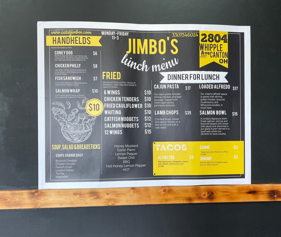 The menu at Jimbo's offers a variety of out-of-the-ordinary lunch items.