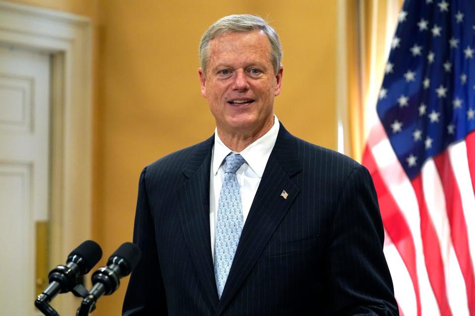 Republican Mass. Gov. Charlie Baker, shown here speaking with reporters during a news conference, Wednesday, Nov. 9, 2022, at the Statehouse, in Boston, will be the next NCAA president.