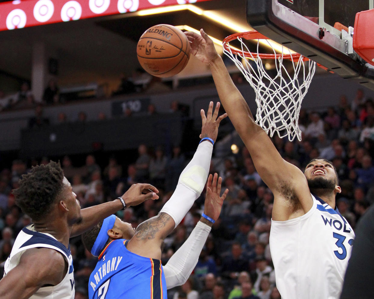 Karl-Anthony Towns is showing improvement on the defensive end. (AP)