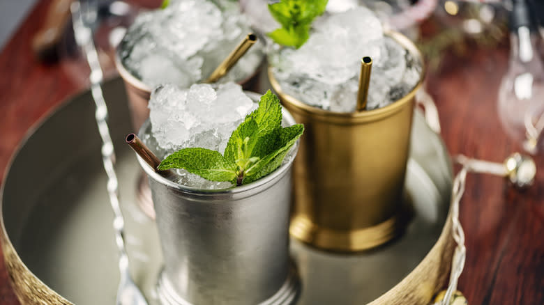 Mint julep cups on a tray