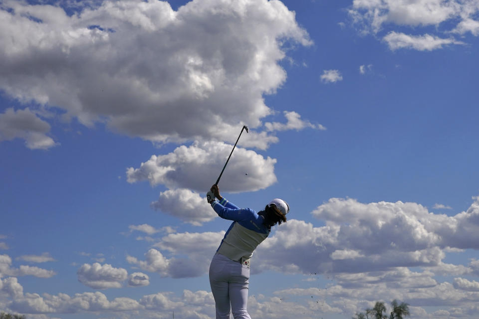 Jin Young Ko, of South Korea, hits from the eighth tee during the first round of the Drive On Championship golf tournament, Thursday, March 23, 2023, in Gold Canyon, Ariz. (AP Photo/Matt York)