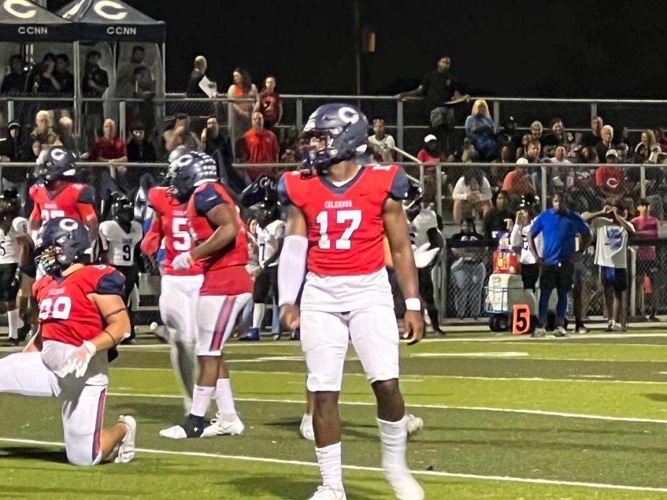 Columbus linebacker Willis McGahee IV (17) recorded five sacks and returned a fumble for a touchdown on Friday night in the Explorers’ 34-20 win over South Dade in a Region 4-4M semifinal at Columbus.