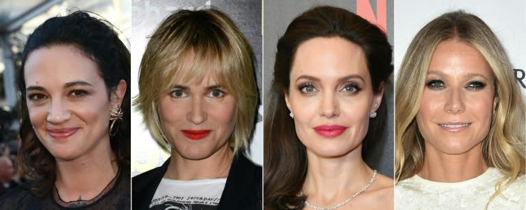 Reported victims of Hollywood producer Harvey Weinstein's advances include (from L) Italian actress Asia Argento, French actress Judith Godreche and US actresses Angelina Jolie and Gwyneth Paltrow
