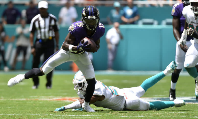 Marquise Brown of the Baltimore Ravens catches a pass.