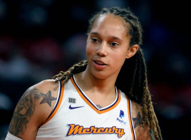 Brittney Griner #42 of the Phoenix Mercury stands on the court as the Las Vegas Aces shoot free throws during Game Two of the 2021 WNBA Playoffs semifinals at Michelob ULTRA Arena on September 30, 2021 in Las Vegas, Nevada. The Mercury defeated the Aces 117-91. (Photo by Ethan Miller/Getty Images)