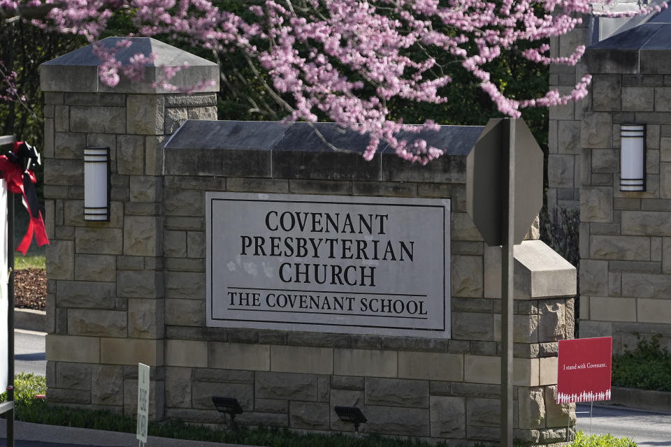 The entrance to the Covenant School is seen on the one-year anniversary of a mass shooting Wednesday, March 27, 2024, in Nashville, Tenn. The shooter, a former Covenant School student, killed three children and three staff members during the incident. (AP Photo/George Walker IV)