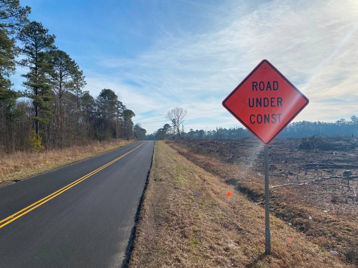 Road construction is underway near the future site of the VinFast assembly plant near Moncure, North Carolina.