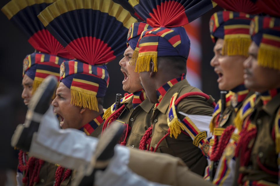 Assam police battalion march during the Republic Day parade in Guwahati, India, Friday, Jan. 26, 2024. (AP Photo/Anupam Nath)