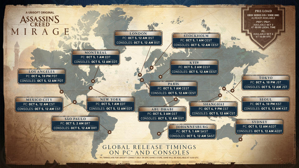 Assassin's Creed Mirage unlock times world map