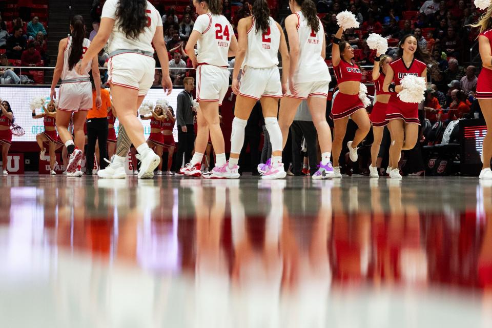 Utah Utes players walk out onto the court in the final quarter of the women’s college basketball game between the Utah Utes and the Oregon State Beavers at the Jon M. Huntsman Center in Salt Lake City on Friday, Feb. 9, 2024. Oregon won the game 58-44. | Megan Nielsen, Deseret News