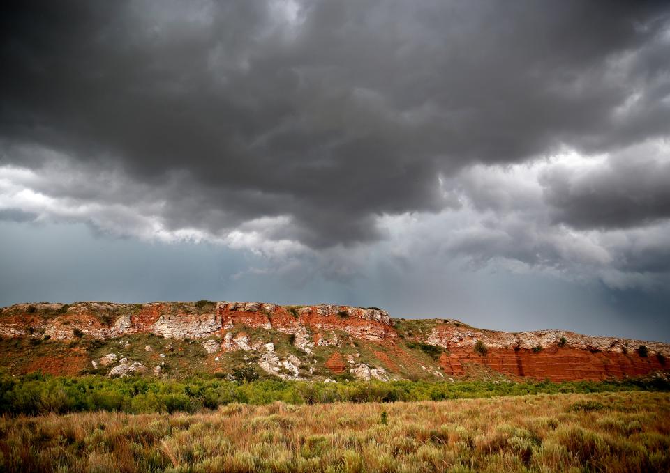 Gypsum cliffs are pictured near the Selman Bat Cave.