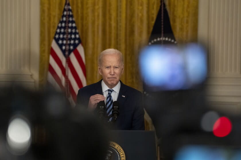 WASHINGTON, DC - FEBRUARY 24: President Joe Biden delivers remarks in the East Room of the White House, giving an update on the situation of Russia's Invasion of Ukraine on Thursday, Feb. 24, 2022 in Washington, DC. (Kent Nishimura / Los Angeles Times)