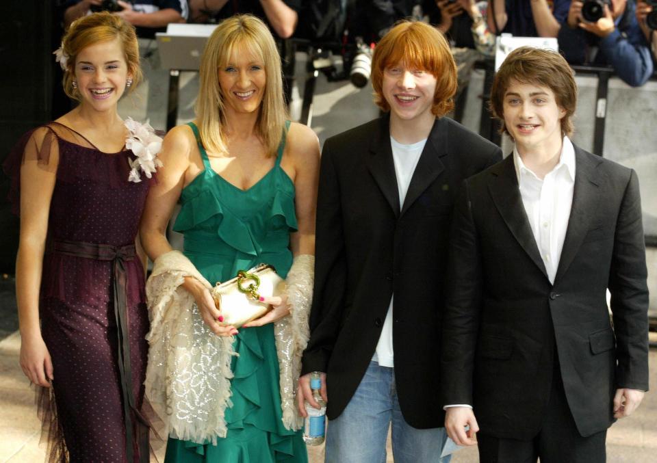 Emma Watson, J.K. Rowling, Rupert Grint and Daniel Radcliffe arrive at the premiere for "Harry Potter and the Prisoner of Azkaban" at Leicester Square in London on May 30, 2004.