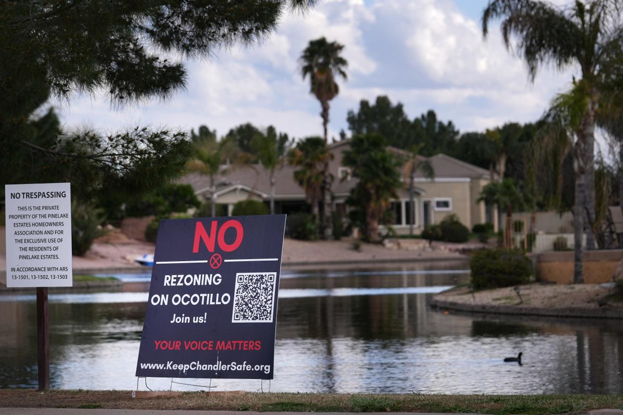 A sign in opposition of a proposed affordable housing project, Landings at Ocotillo. is posted in the adjacent Chandler neighborhood of Pinelake Estates in Chandler on March 16, 2023.