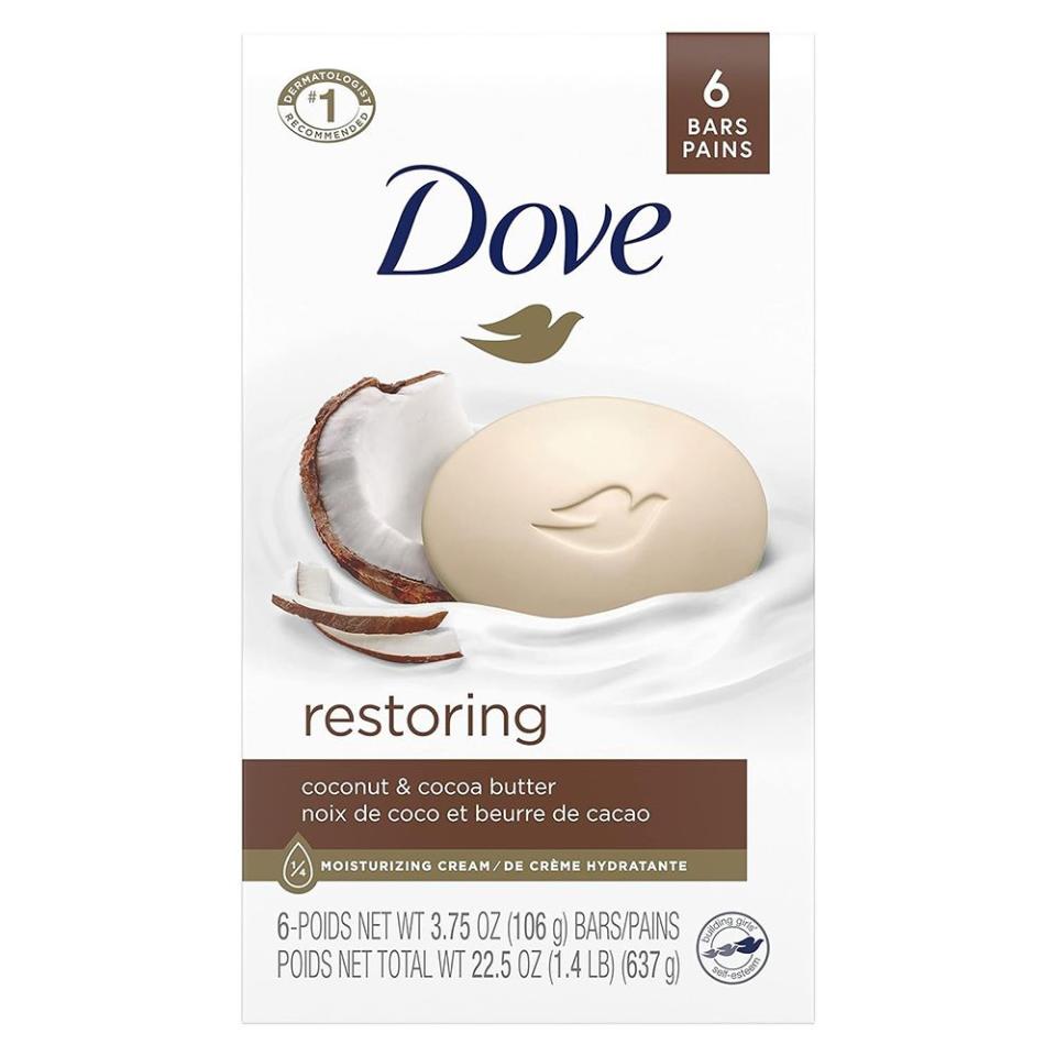 <p><a href="https://www.amazon.com/Dove-Purely-Pampering-Beauty-Coconut/dp/B00IOVOCFQ/?th=1&tag=syn-yahoo-20&ascsubtag=%5Bartid%7C2089.g.2625%5Bsrc%7Cyahoo-us" rel="nofollow noopener" target="_blank" data-ylk="slk:Shop Now;elm:context_link;itc:0;sec:content-canvas" class="link ">Shop Now</a></p><p>Beauty Bar</p><p>amazon.com</p><p>$7.82</p><span class="copyright">Dove</span>