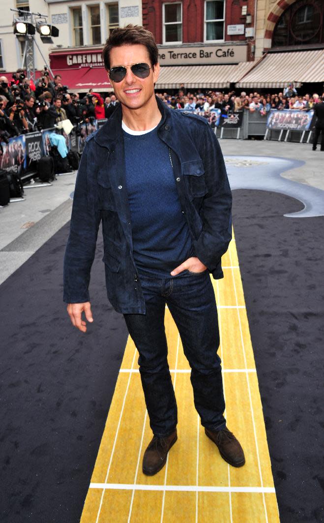 Tom Cruise arrives at the "Rock of Ages" European premiere at Odeon West End on Sunday June 10, 2012, in London. (Photo by Jon Furniss/Invision/AP)