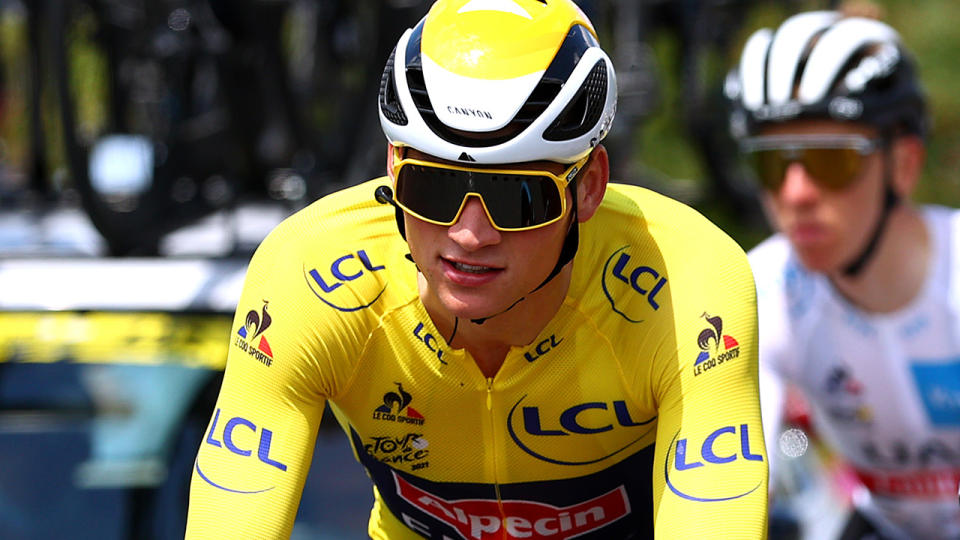 Mathieu Van Der Poel of The Netherlands and Team Alpecin-Fenix holds the yellow jersey after stage six of the Tour de France. (Photo by Michael Steele/Getty Images)