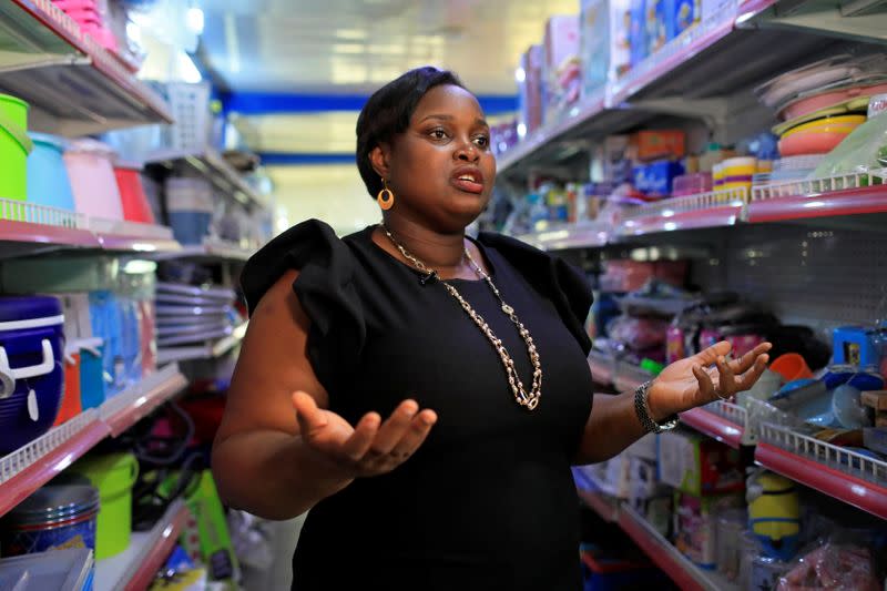 Yetunde Oluyide, CEO of Yetty-Jewel Ventures speaks to Reuters during an interview at her store in Lagos