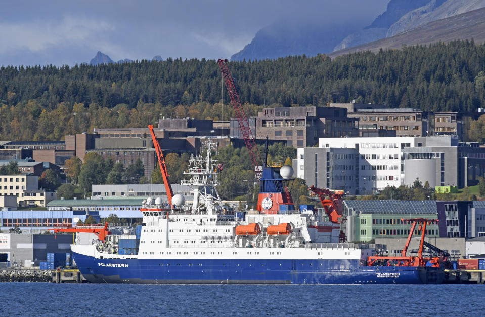 The German icebreaker and research vessel Polarstern at shore in Tromso, Norway, Wednesday Sept. 19, 2019. Scientists from more than a dozen nations are preparing to launch the biggest and most complex research expedition ever attempted in the central Arctic. About 100 researchers will set sail Friday from Tromso, Norway, aboard the German icebreaker Polarstern in an effort to understand how climate change is affecting the Arctic and regions beyond. (Rune Stoltz Bertinussen/NTB Scanpix via AP)