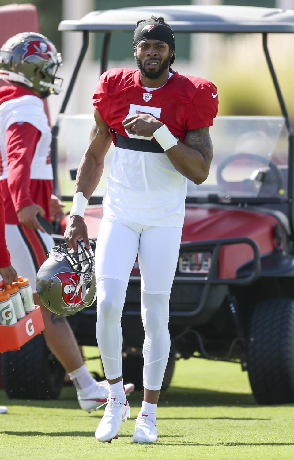 Tampa Bay Buccaneers Richard Sherman is shown before NFL football practice in Tampa, Fla., Wednesday, Sept. 29, 2021. (Chris Urso/Tampa Bay Times via AP)