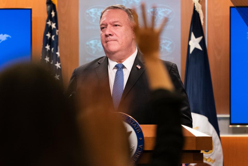 US Secretary of State Mike Pompeo speaks during a briefing, on November 10, 2020, at the State Department in Washington,DC. - Secretary of State Mike Pompeo on Tuesday promised the world a "smooth transition" after US elections but refused to recognize President-elect Joe Biden's victory, saying Donald Trump will remain in power. "There will be a smooth transition to a second Trump administration," Pompeo said in an at times testy news conference when asked about contacts with the Biden team. (Photo by Jacquelyn Martin / POOL / AFP) (Photo by JACQUELYN MARTIN/POOL/AFP via Getty Images)