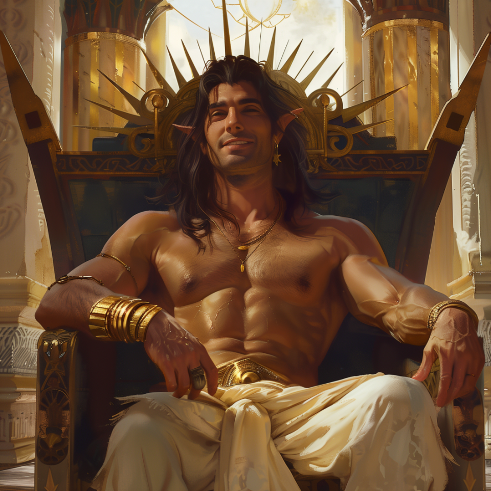 Illustration of a regal character sitting on a throne, wearing golden arm cuffs and a sun motif crown