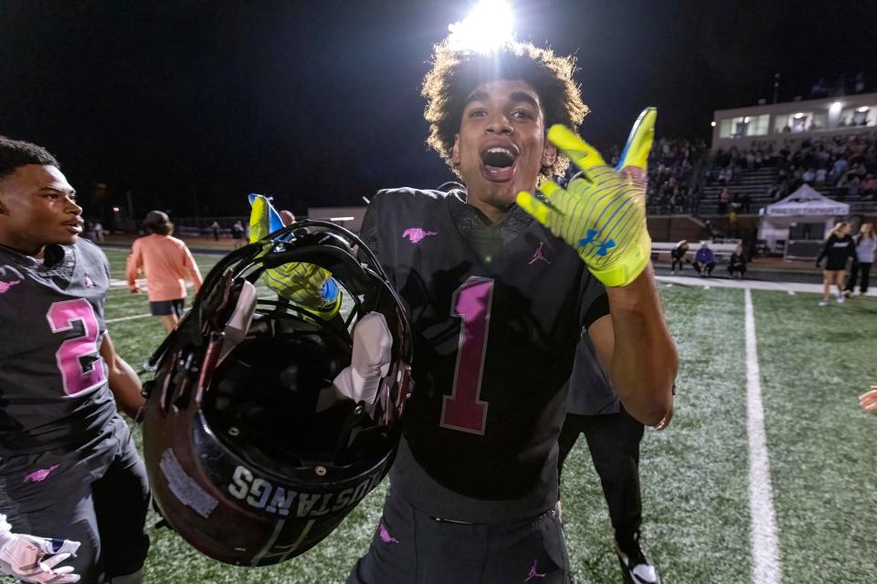 Lipscomb's Kaleb Beasley (1) celebrates after their win over McCallie Friday, Oct. 27, 2023, in Nashville, Tenn. (Wade Payne for The Tennessean)