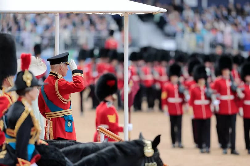 King Charles III during Trooping the Colour at Horse Guards Parade on June 15, 2024 in London, England. Trooping the Colour is a ceremonial parade celebrating the official birthday of the British Monarch