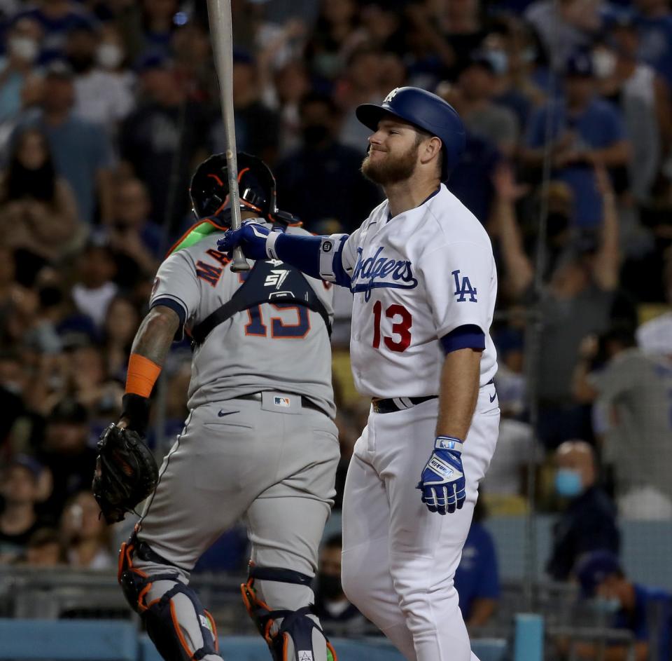 Dodgers first baseman Max Muncy reacts after striking out.