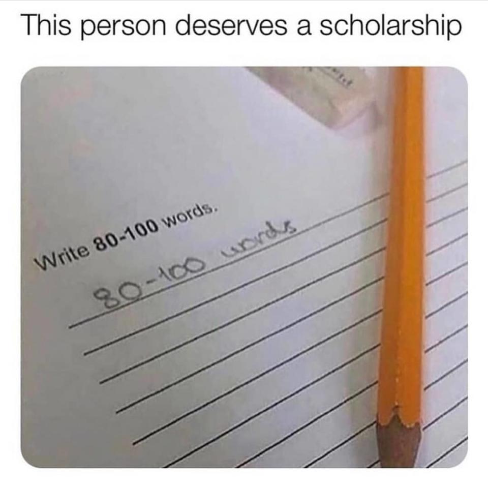 A piece of paper instructs to "Write 80-100 words." Someone wrote "80-100 words" in response. A pencil rests beside the paper. Text above reads, "This person deserves a scholarship."