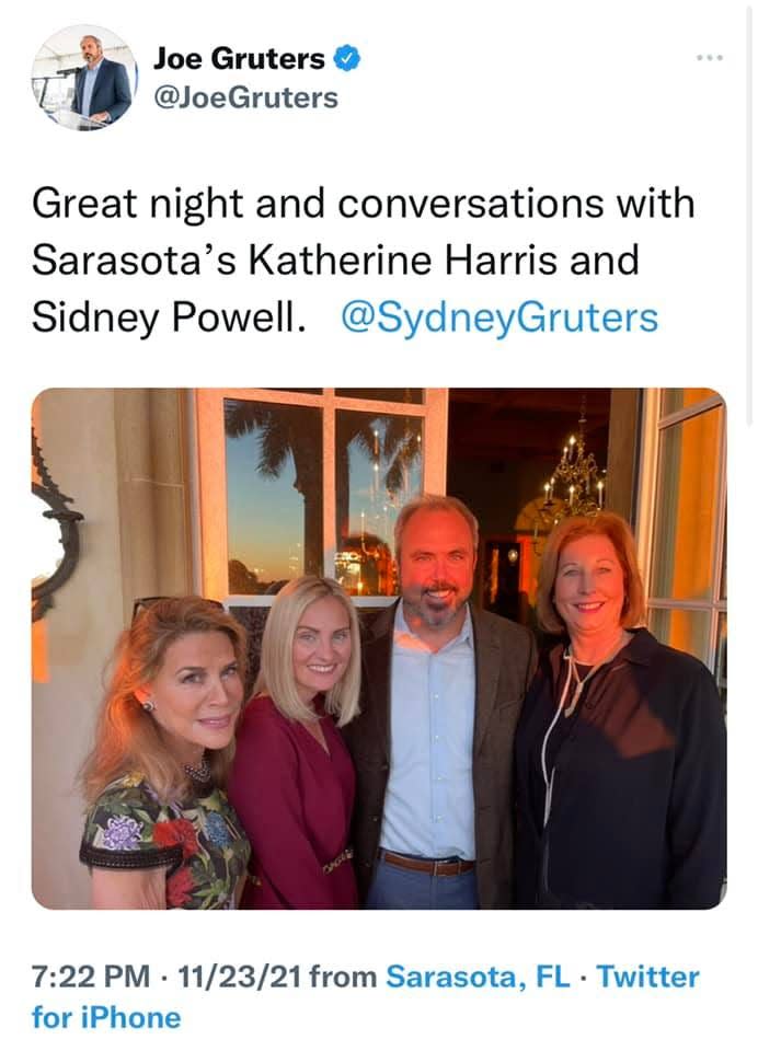 Sarasota state Sen. Joe Gruters tweeted about his dinner with former Trump lawyer Sidney Powell, and then deleted it.