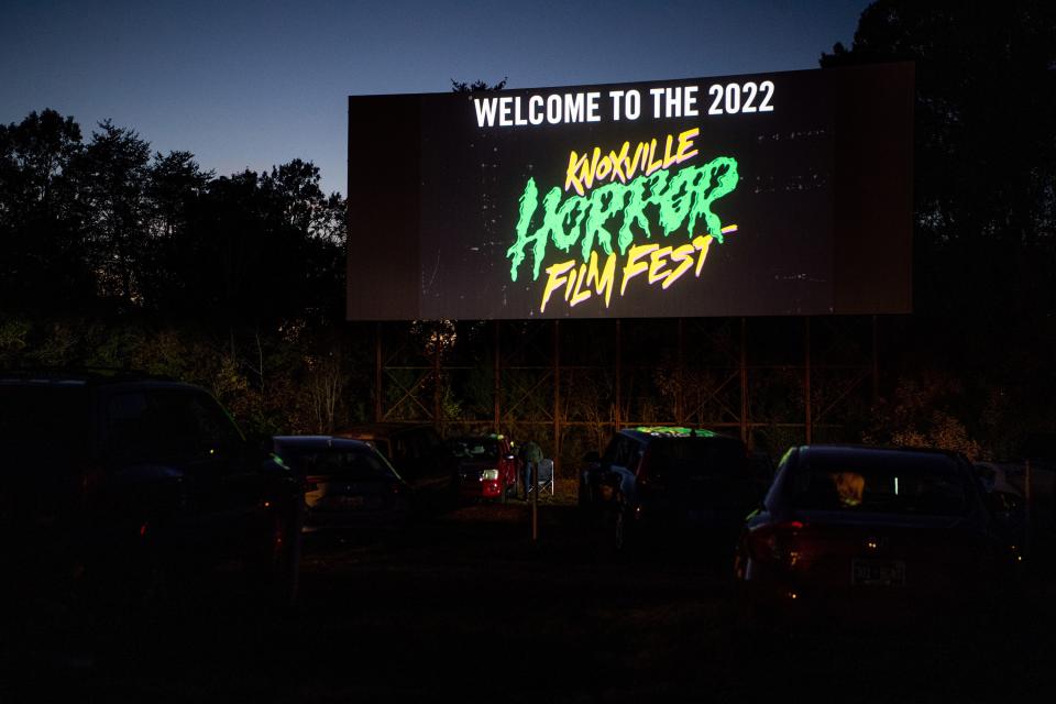 The Knoxville Horror Film Fest logo is seen on-screen at the Parkway Drive-In in Maryville on Friday, Oct. 21, 2022. 