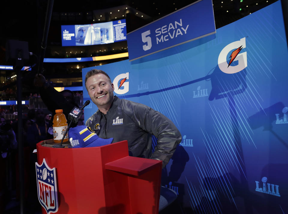 Los Angeles Rams head coach Sean McVay smiles during Opening Night for the NFL Super Bowl 53 football game, Monday, Jan. 28, 2019, in Atlanta. (AP Photo/David J. Phillip)