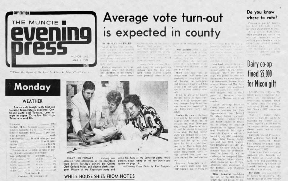 Front page of the Muncie Evening Press 50 years ago today, Monday, May 6, 1974.