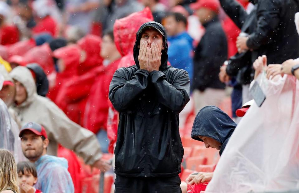 A Wolfpack fan reacts after N.C. State couldn’t make a first down during the first half of N.C. State’s game against Notre Dame at Carter-Finley Stadium in Raleigh, N.C., Saturday, Sept. 9, 2023.