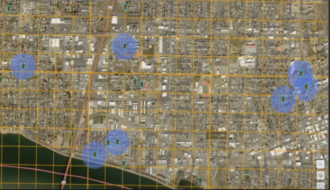 Areas of Pasco are shown in blue where multiple Japanese beetles have been found and where spraying of host plants could be considered, including at Sylvester and Volunteer parks on the right and northeast of the blue bridge at the bottom of the map.